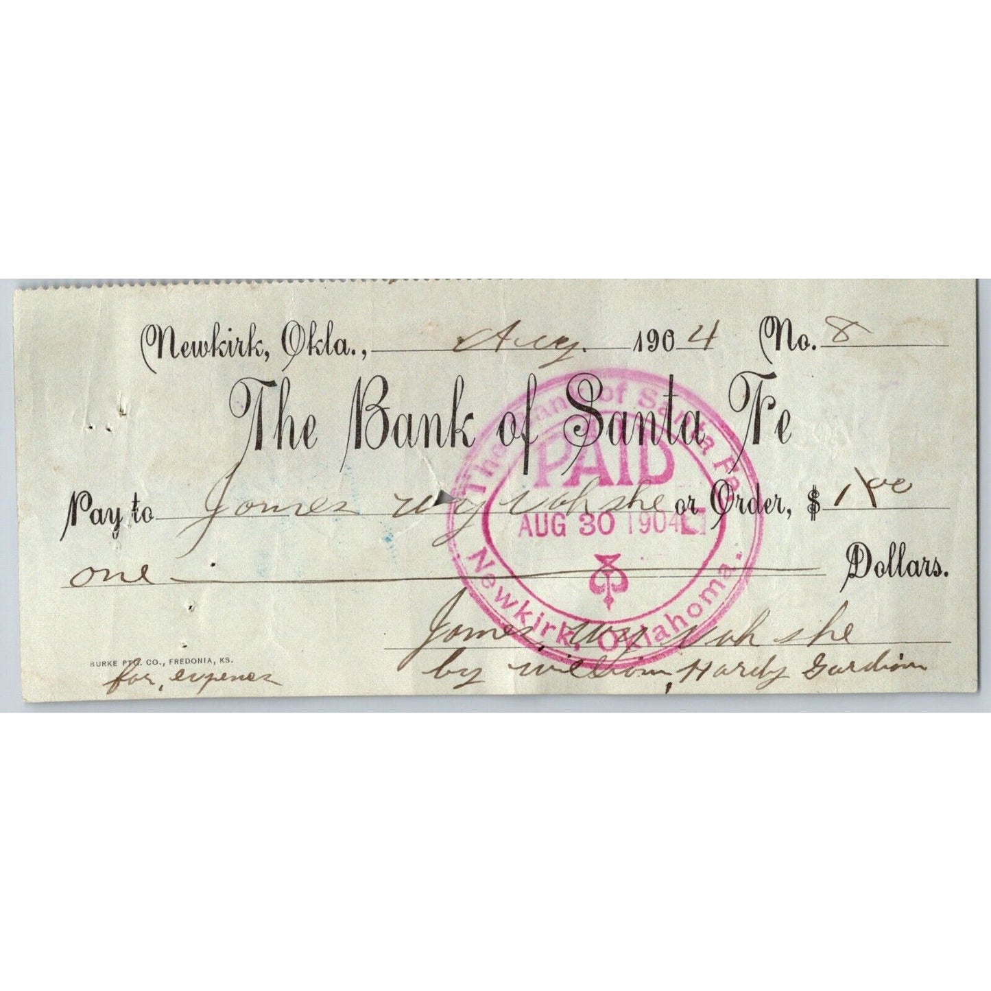 Newkirk, Oklahoma Territory 1904 "Bank of Santa Fe" Check - Scarce