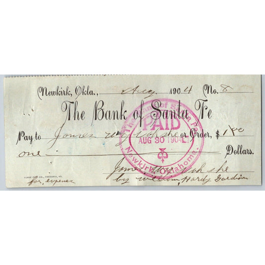 Newkirk, Oklahoma Territory 1904 "Bank of Santa Fe" Check - Scarce