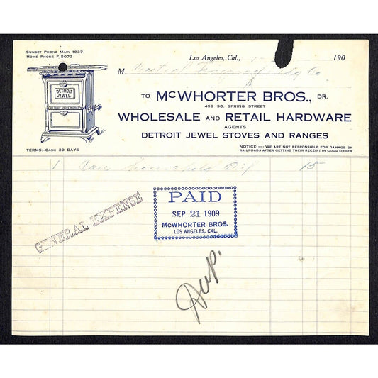 Los Angeles McWhorter Bros Hardware Detroit Jewel Ranges 1909 Billhead