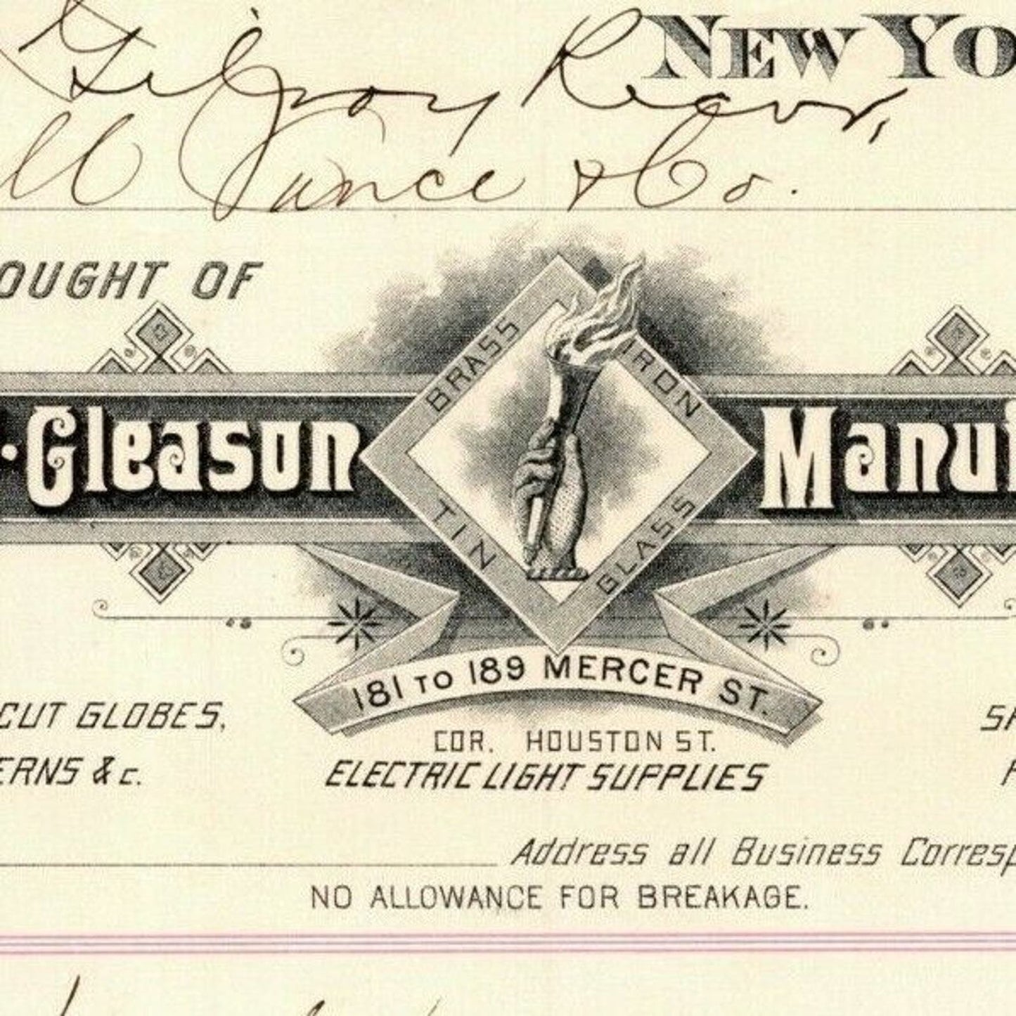 Jan 1888 "E. P. Gleason" Cut Glass Globes Billhead Letterhead Mercer St NYC