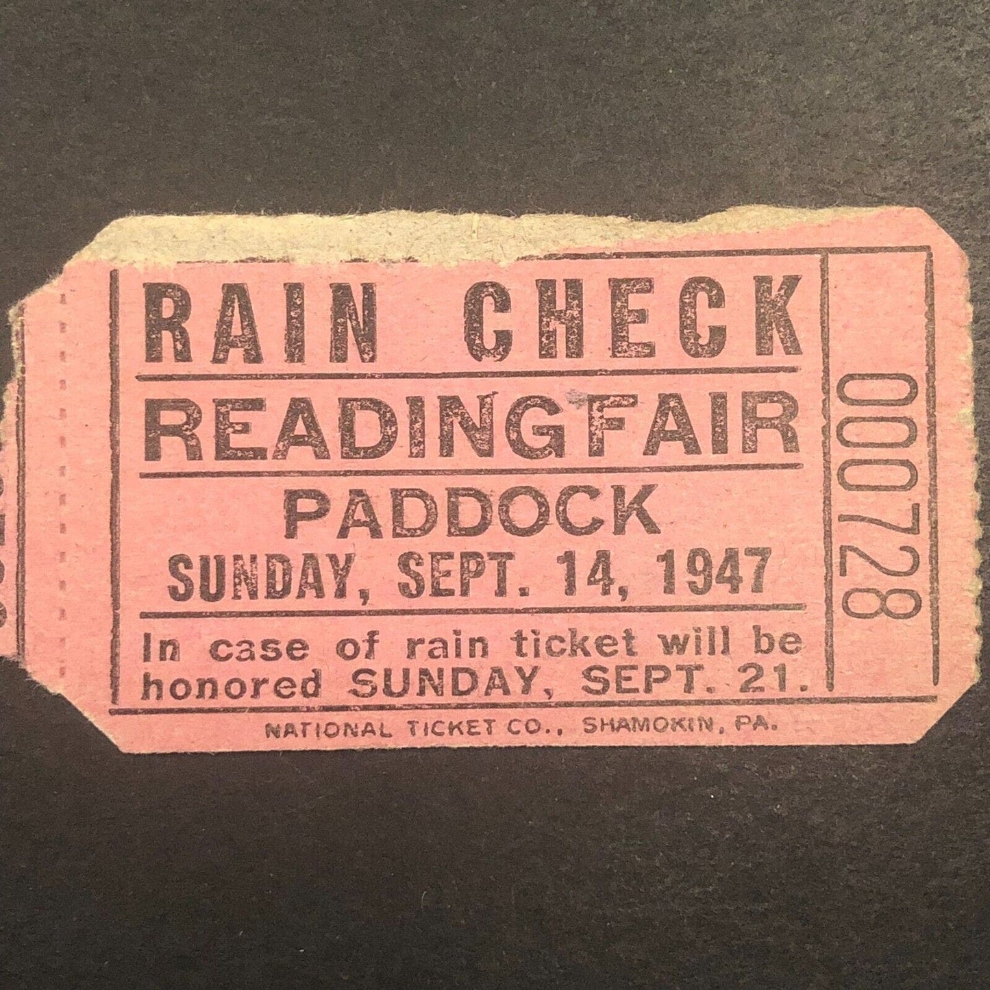 Reading Fair Sept. 14 1947 Auto Racing Rain Check Ticket #728 Scarce