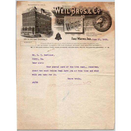 Weil Bros. & Co.1913 Letterhead Fort Wayne, IN Wool Sheep Bell Logo Vignettes