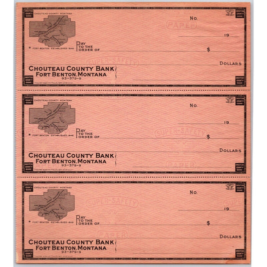 Fort Benton, Montana Chouteau County Bank Check Sheet c1920's-30's w/ Map