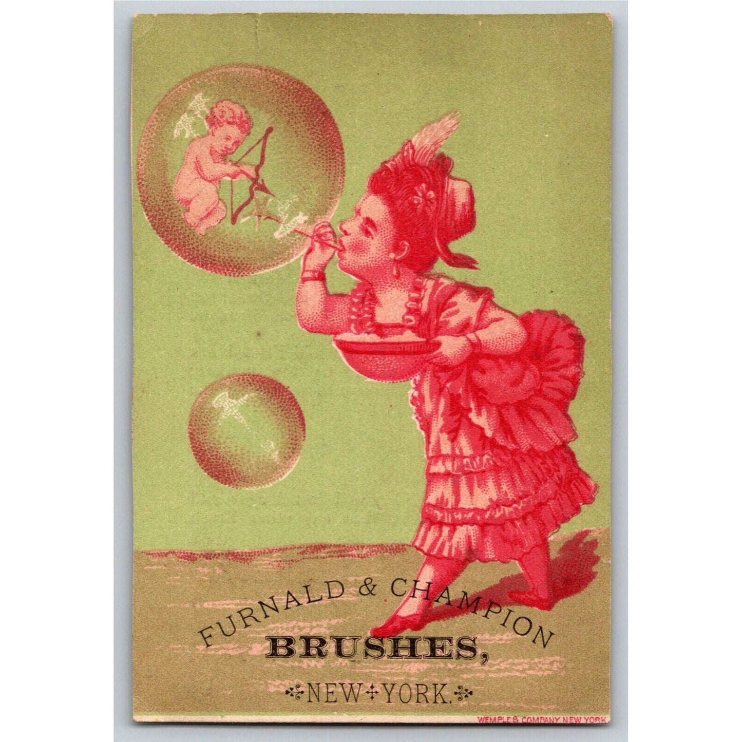 Victorian Trade Card Furnald's Fine Hair Brushes NY - Girl Blows Cupid Bubble