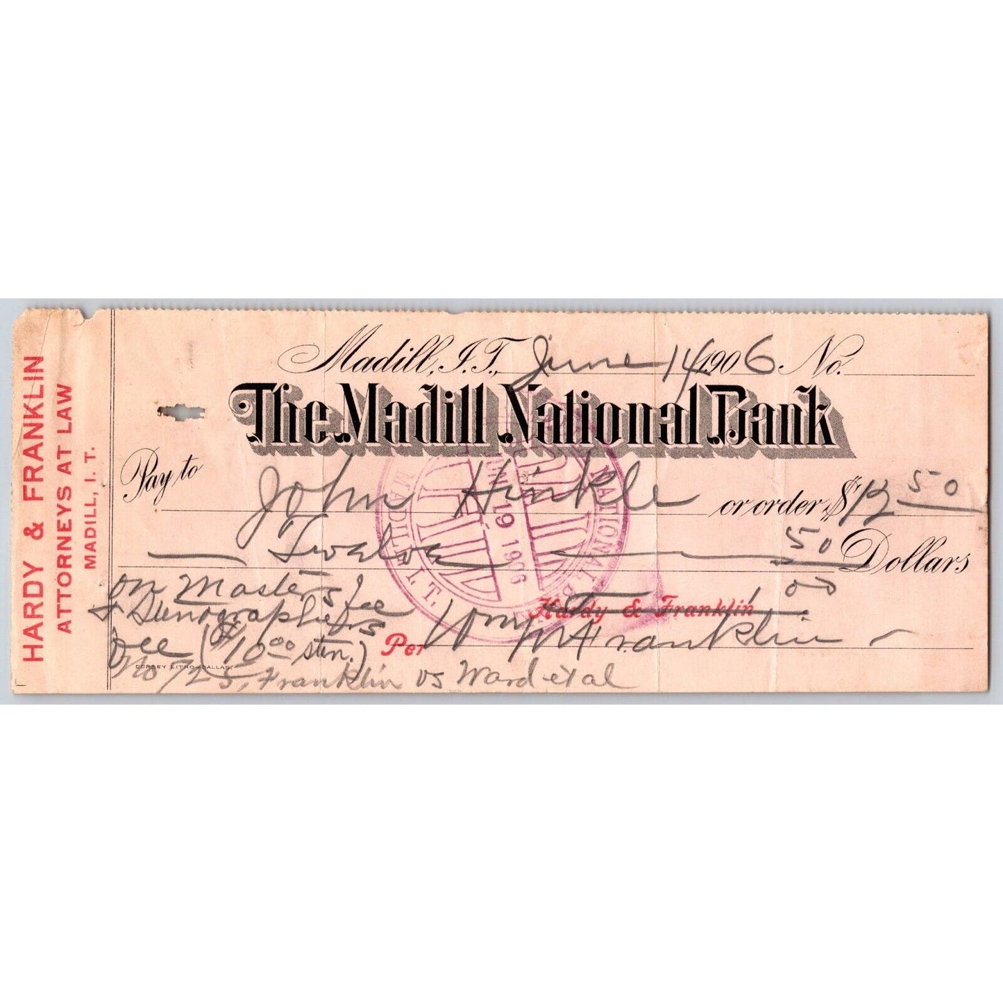 Madill, OK 1906 Indian Territory Hardy & Franklin Attorneys Bank Check Scarce