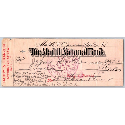 Madill, OK 1906 Indian Territory Hardy & Franklin Attorneys Bank Check Scarce