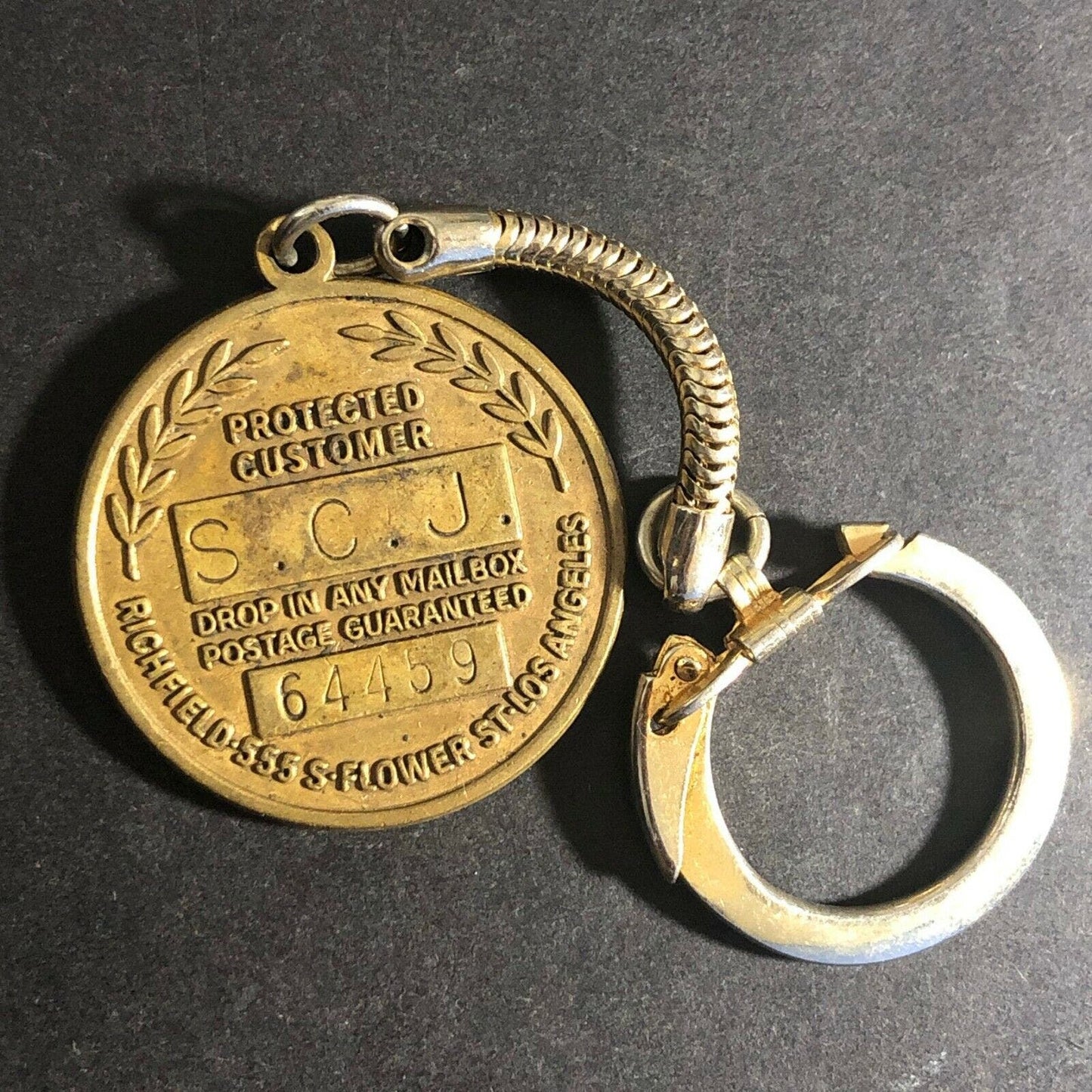 c1970's-80's Brass Richfield Boron "Golden Guarantee" Mail Return / Lost Key Fob