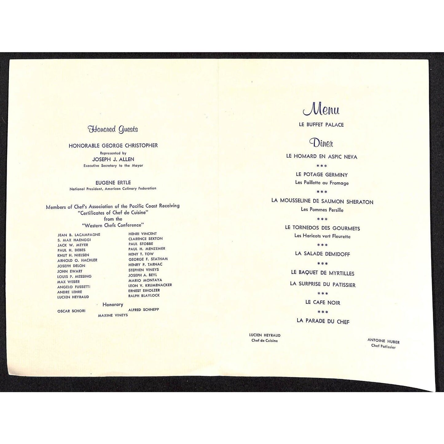 Chef's Association of the Pacific Coast 1957 Annual Dinner Dance Menu