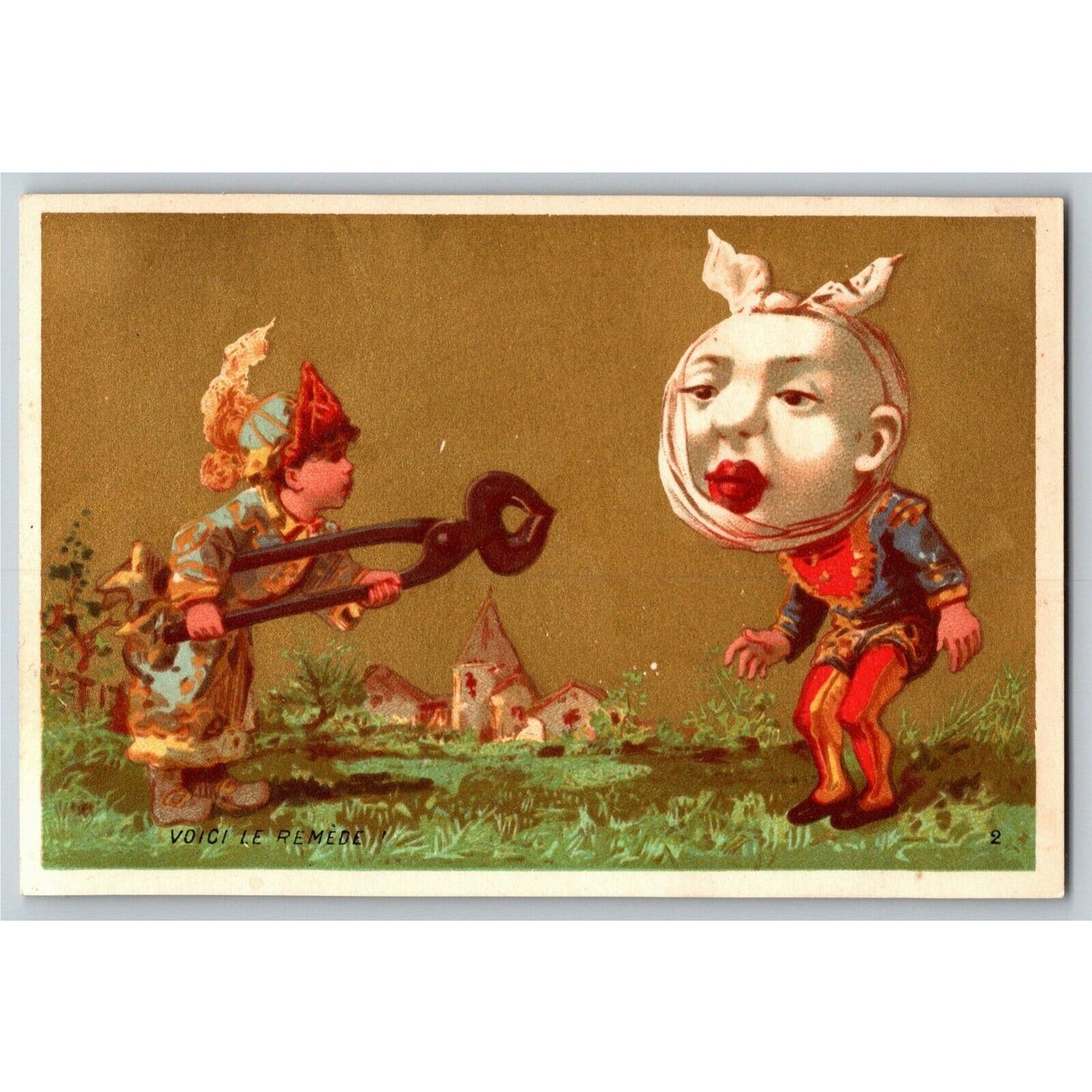 French Gilt Pulling Teeth / Tooth Unmarked Victorian Trade Card Exaggerated