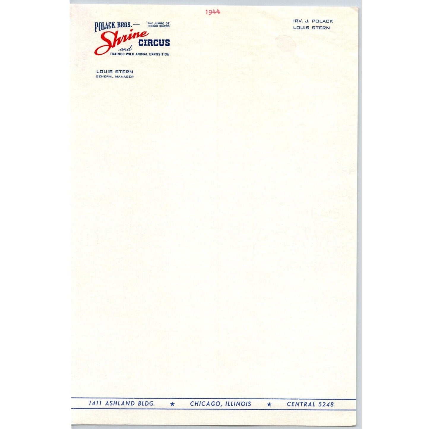 Pulack Bros. Shrine and Trained Animal Exposition Circus Letterhead c1944 Chic