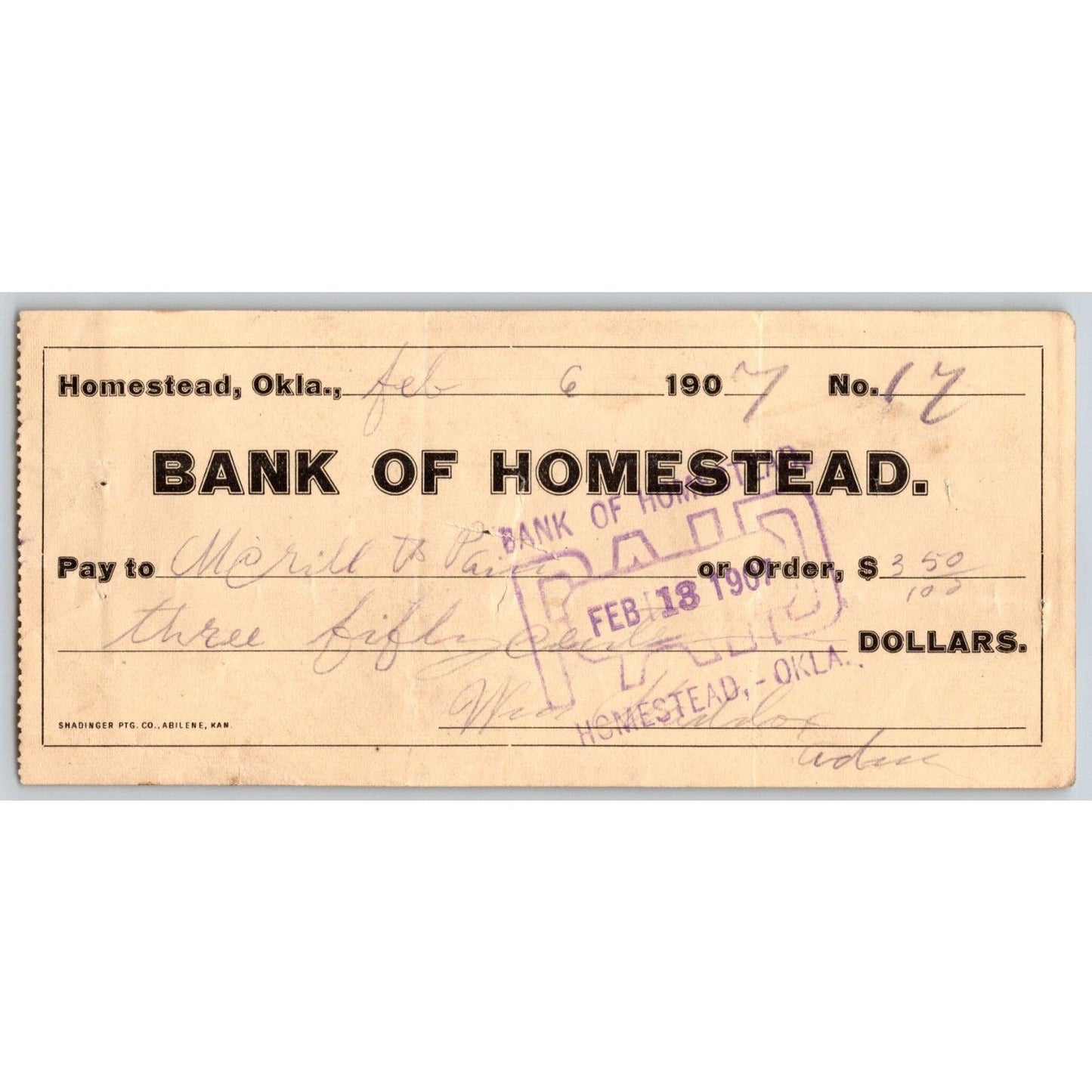 Homestead Oklahoma Territorial 1907 "Bank of Homestead" Bank Check - Scarce