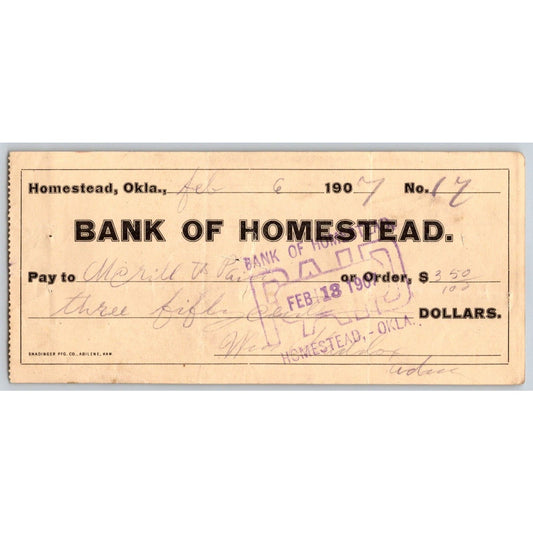 Homestead Oklahoma Territorial 1907 "Bank of Homestead" Bank Check - Scarce