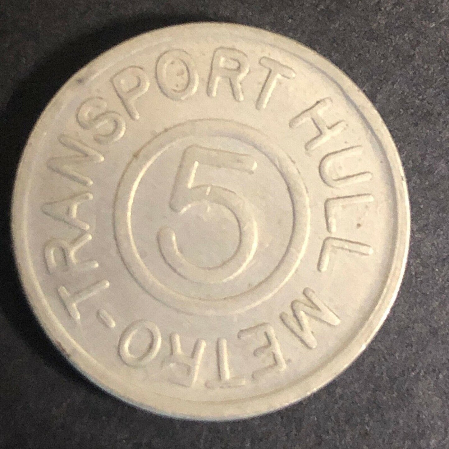 Vintage 20mm Nickel Plated Brass "5" "Hull Metro Transportation" Quebec Token