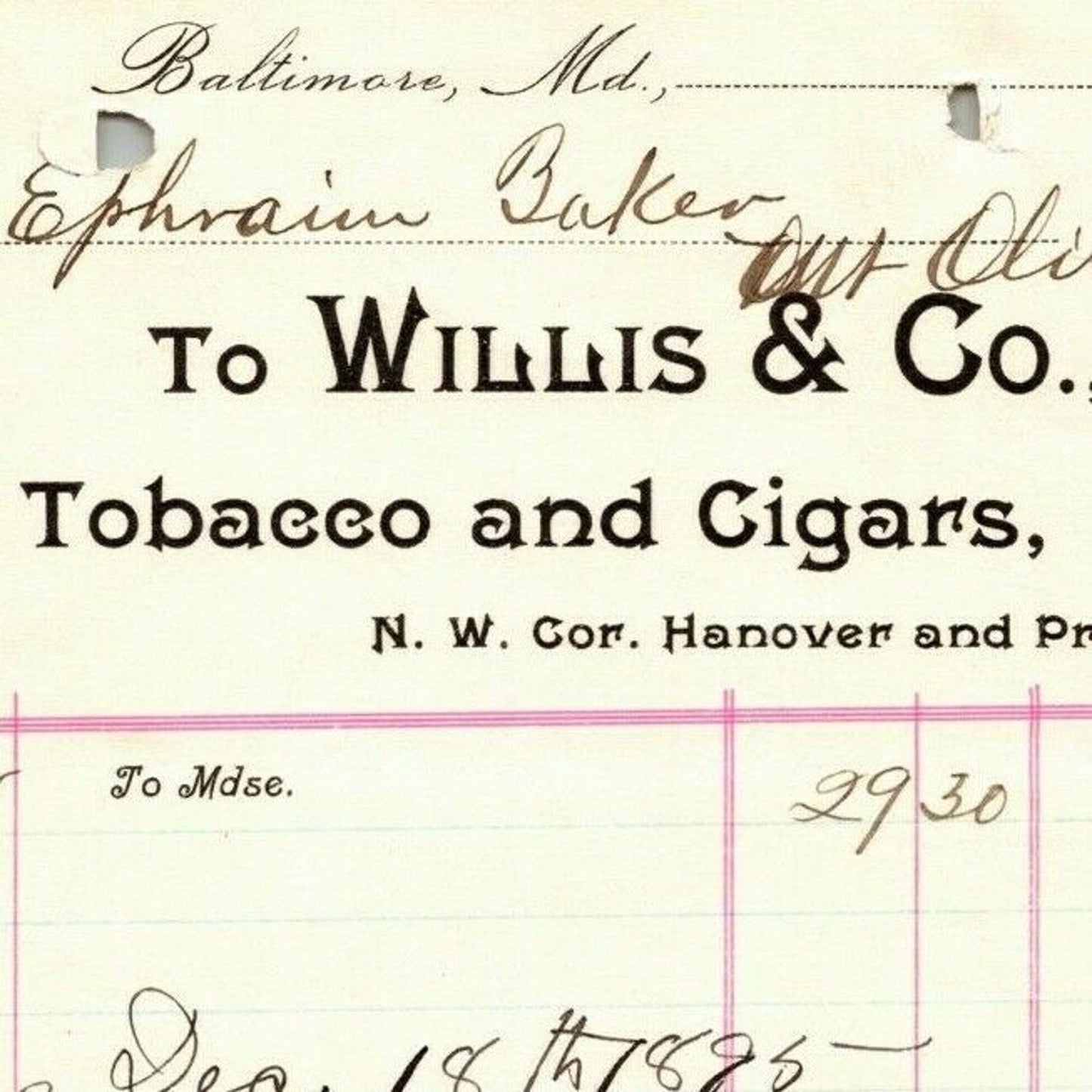 1895 Letterhead Willis & Co. Tobacco Cigars Baltimore - Ephraim Baker*