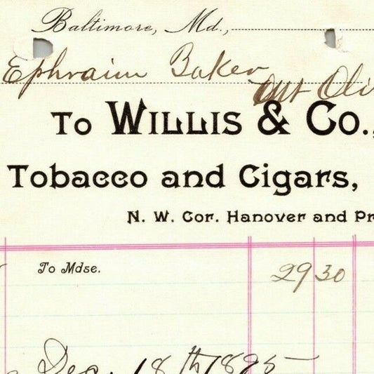 1895 Letterhead Willis & Co. Tobacco Cigars Baltimore - Ephraim Baker*