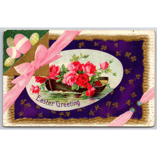 Easter Postcard "Easter Greeting" Floral Boat Ribbon Gilt EMB. PM 1911