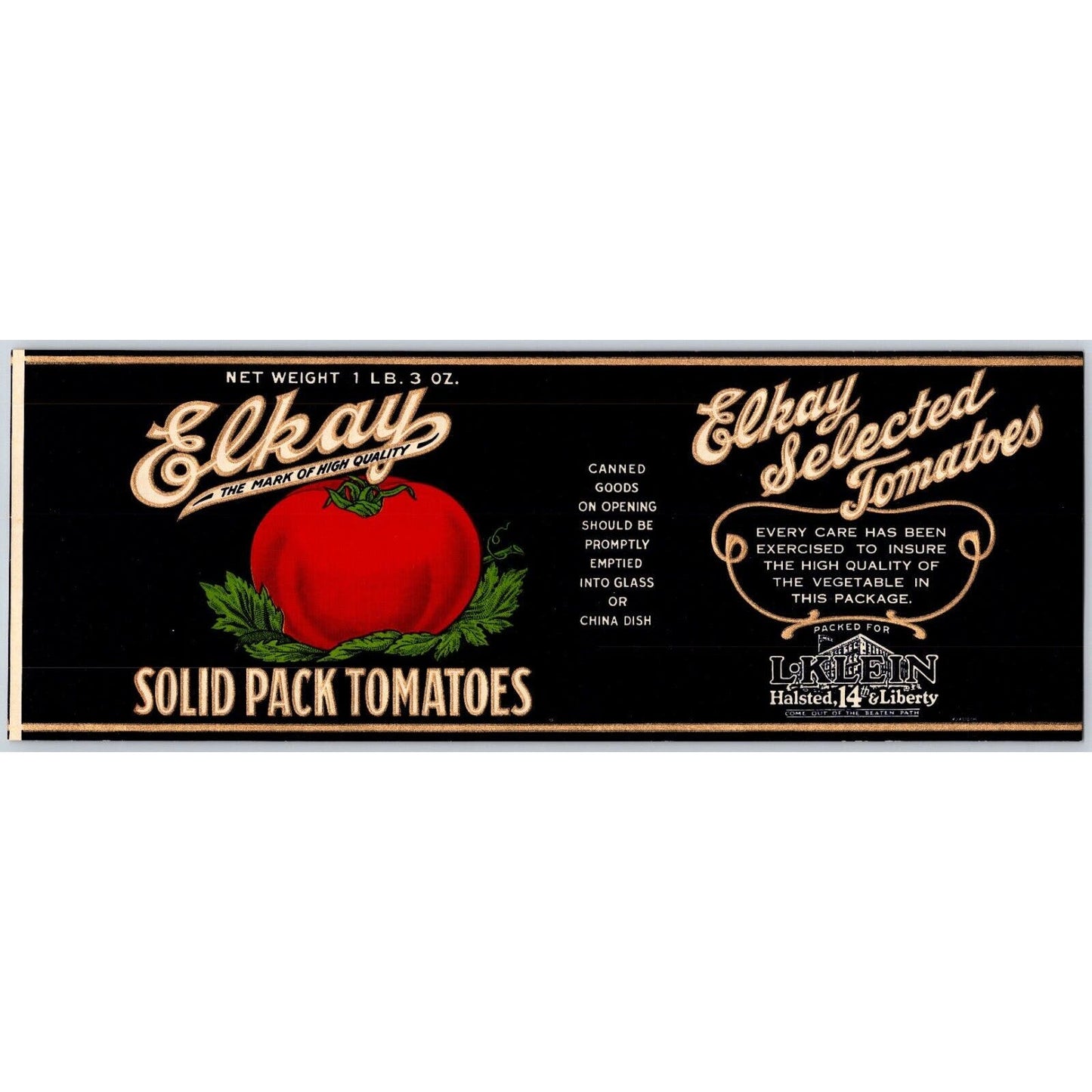 Elkay Tomatoes Paper Can Label L. Klein Halsted c1920's Embossed w/ Gold Ink VGC