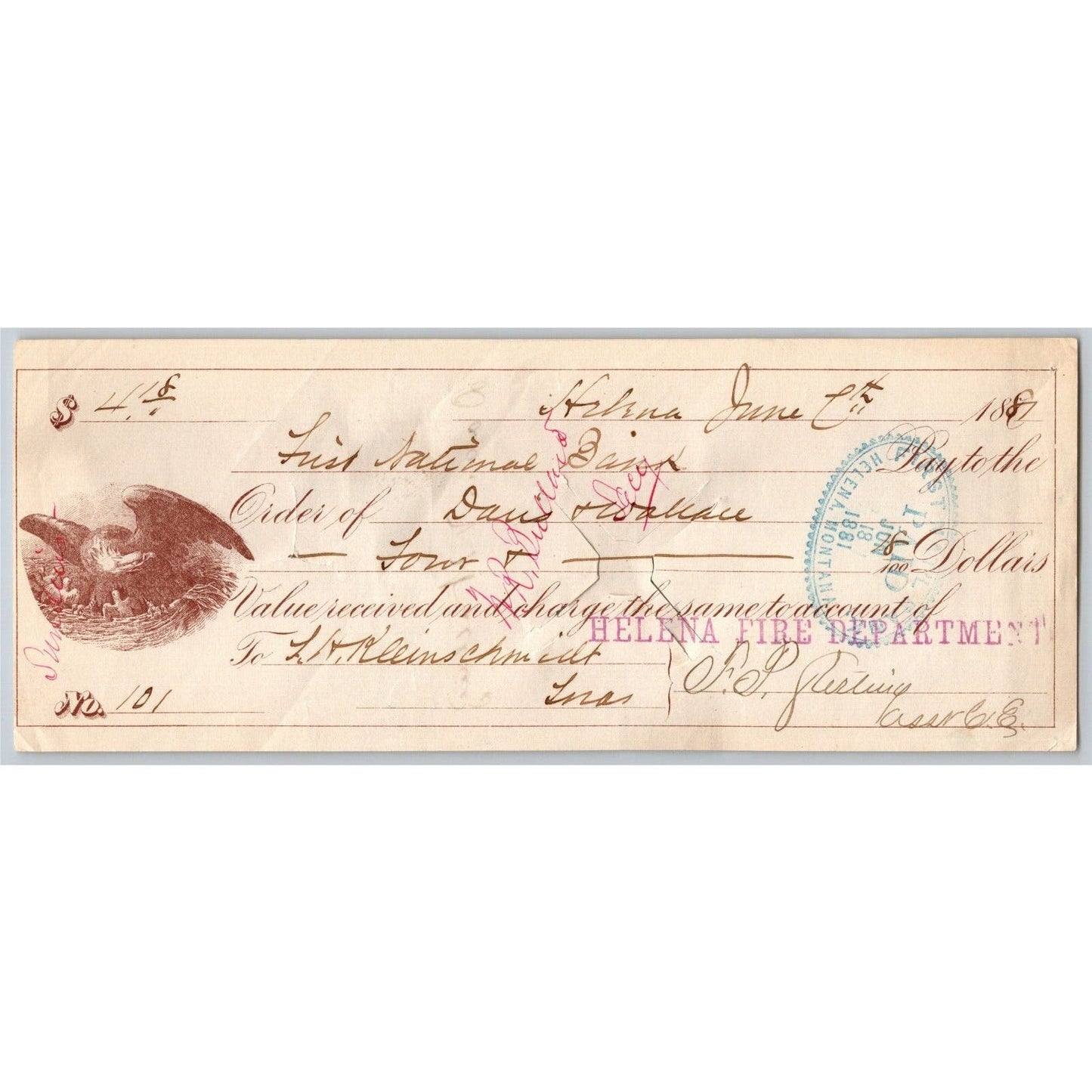 Helena Montana First National Bank Check 1881 Helena Fire Department Eagle Vig.