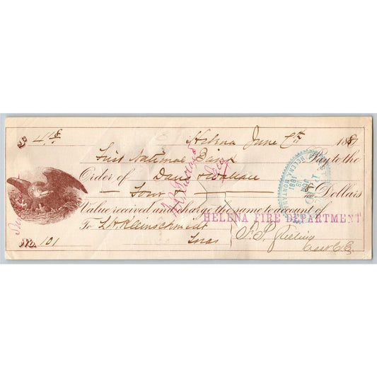 Helena Montana First National Bank Check 1881 Helena Fire Department Eagle Vig.