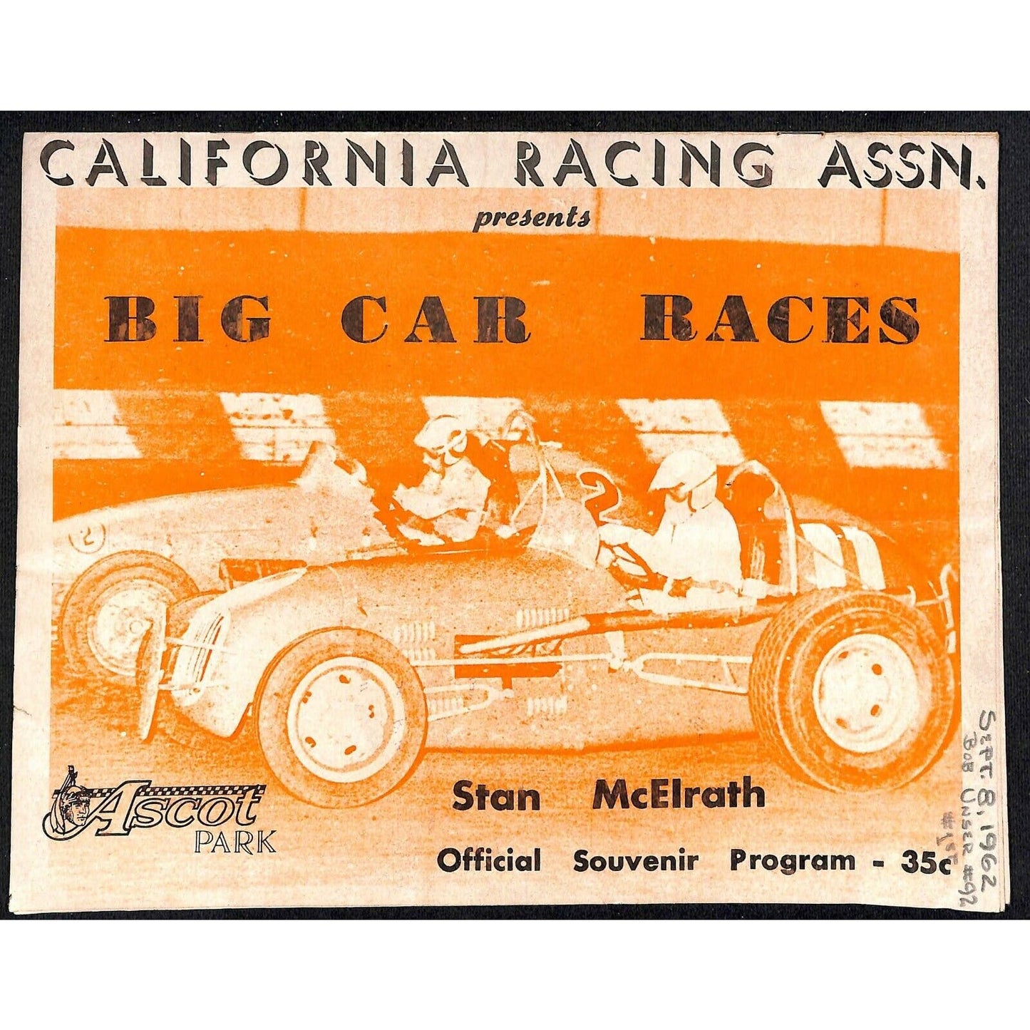 Scarce 9/8 1962 Big Car Auto CRA Racing Program Ascot Park Gardena 8pp