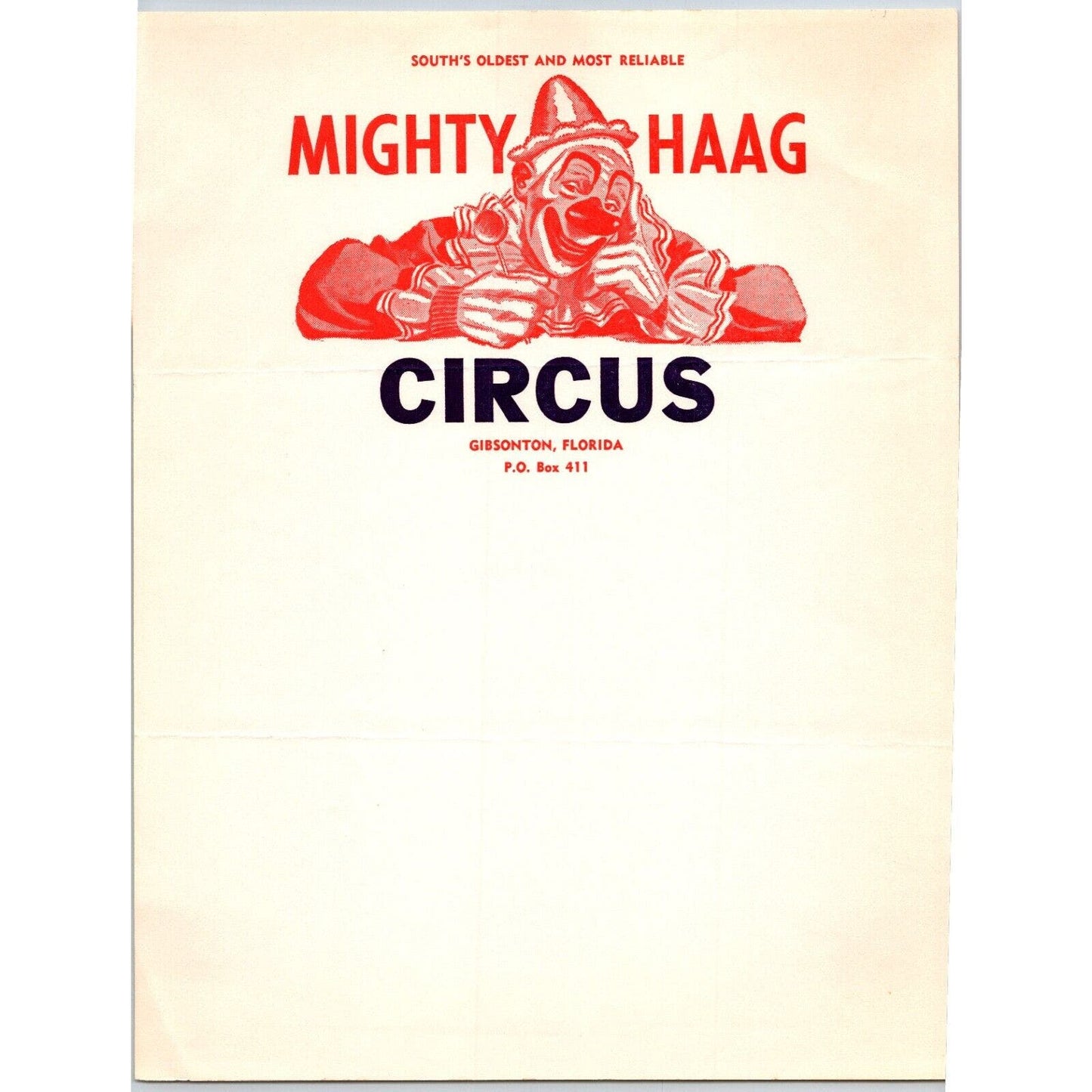 Mighty Haag Circus Letterhead c1930's Gibsonton, FL Large Clown Very Scarce
