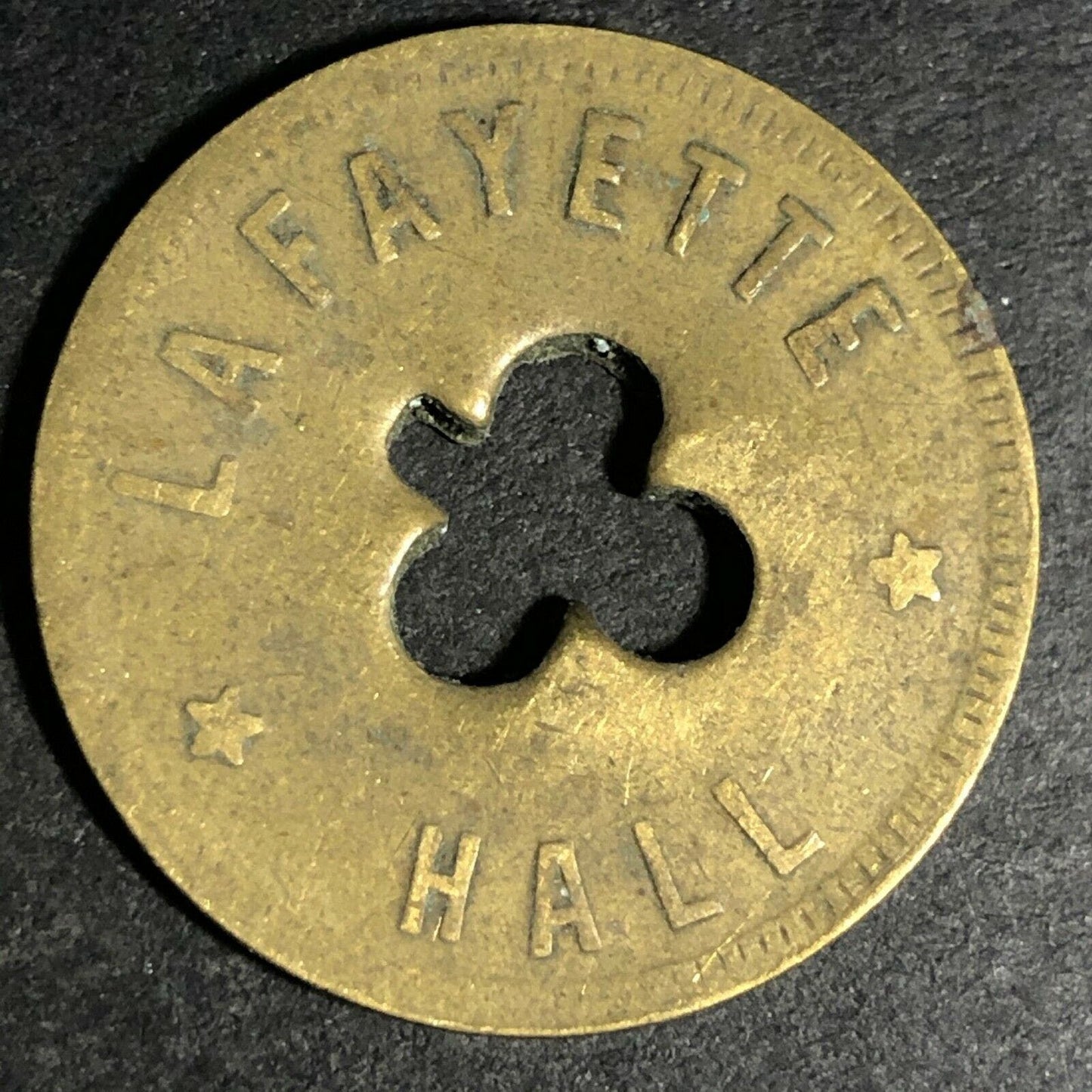 24.5mm Brass Lafayette Hall (Saloon Sacramento, CA) Token Clover Shamrock (#35)