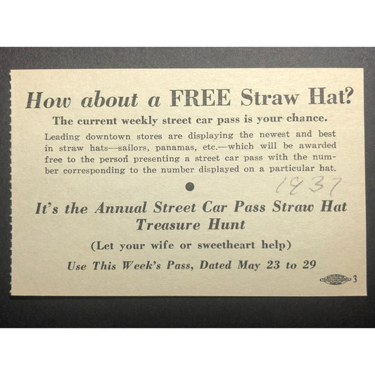c1937 (Peninsula-St. John Area) Street Car Pass Straw Hat Treasure Hunt Hand Out