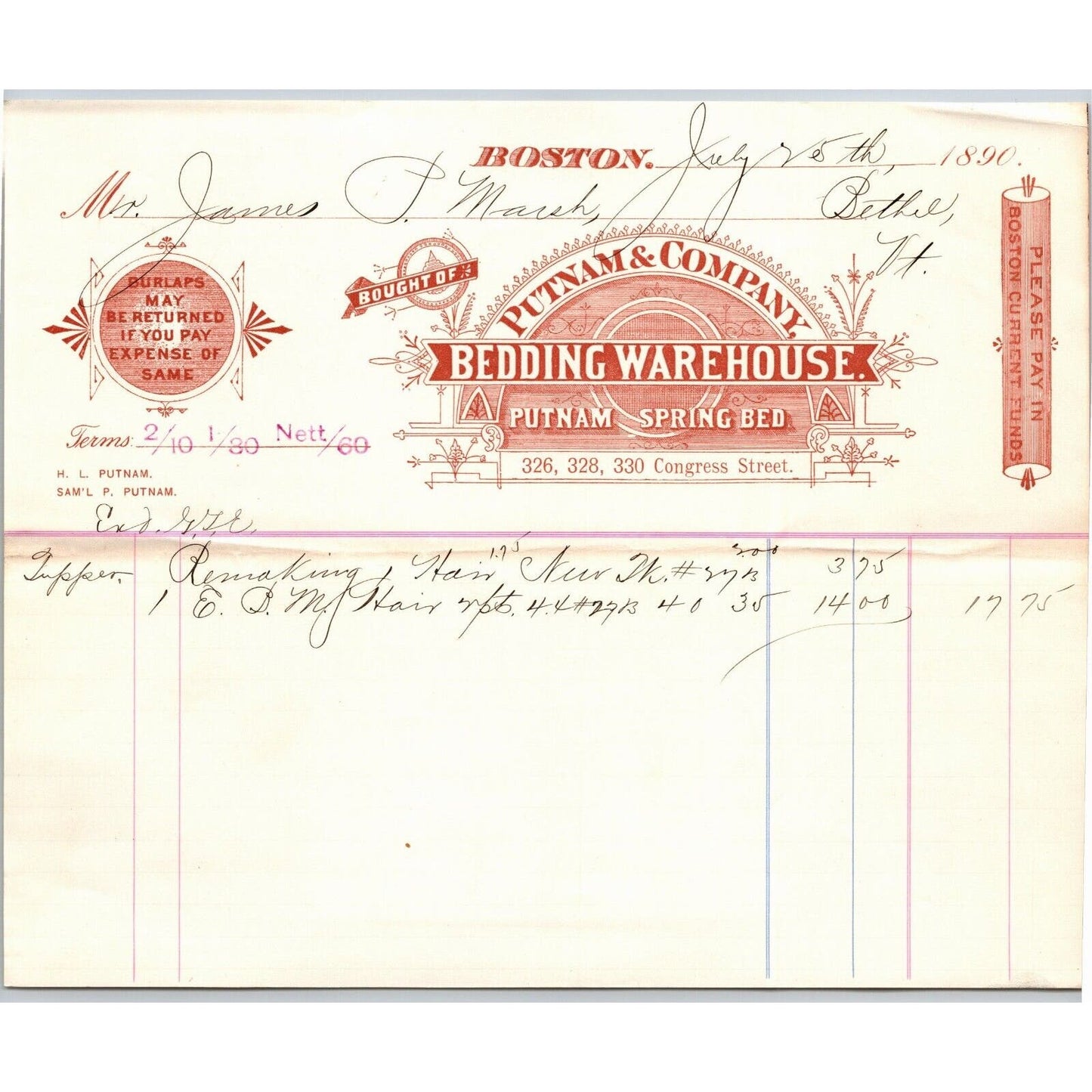 Boston, MA Putnam & Company Bedding Spring Bed Warehouse 1890 Billhead Scarce
