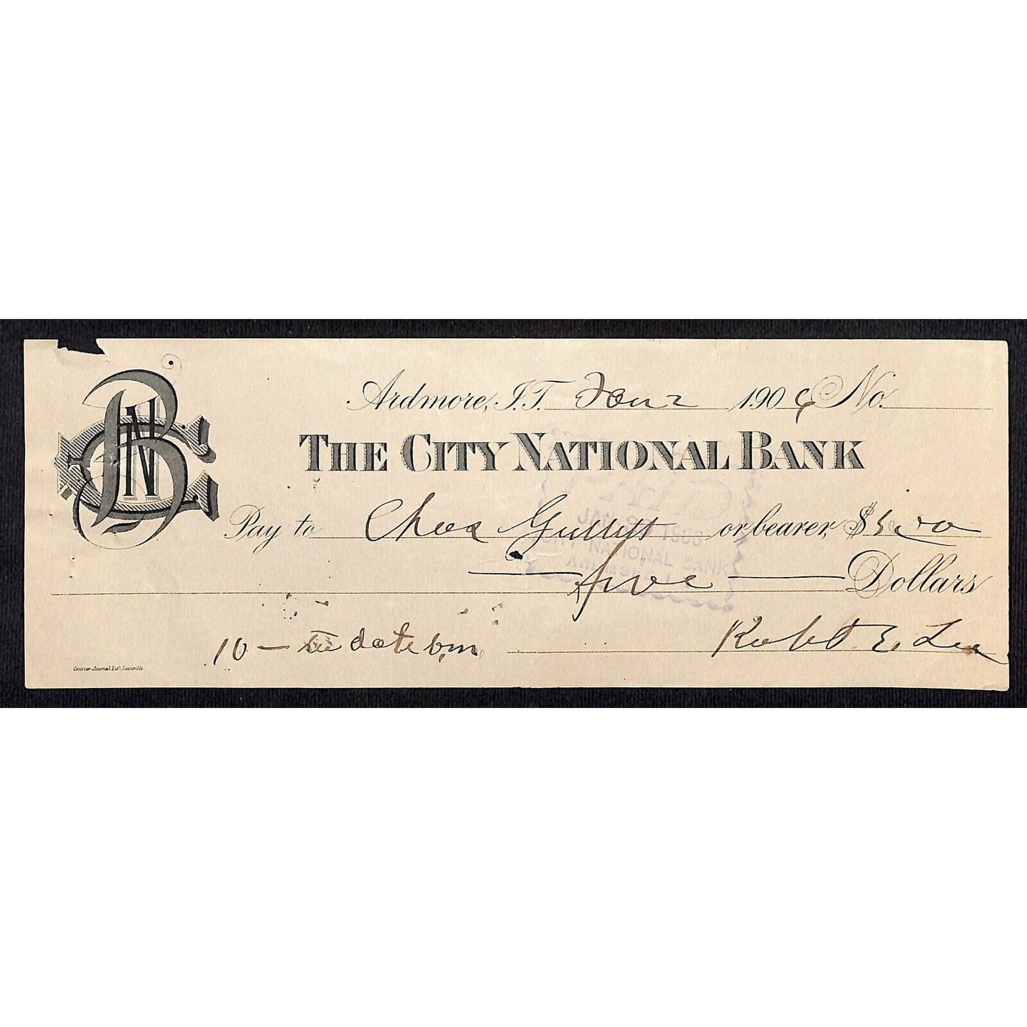 Ardmore, OK 1906 Indian Territory "The City National Bank" Check - Scarce