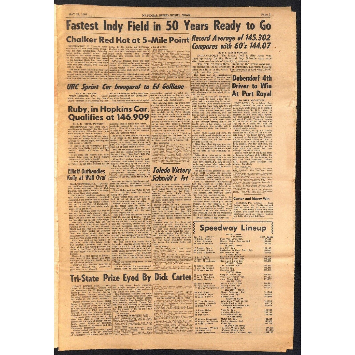 National Speed Sport News 5/24 1961 "Fastest Indy Field Ready" Racing 15pp VGC