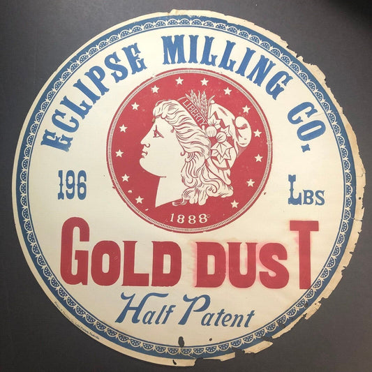Eclipse Milling Half Patent Gold Dust Flour Barrel Label 16" dia. 1888 Liberty