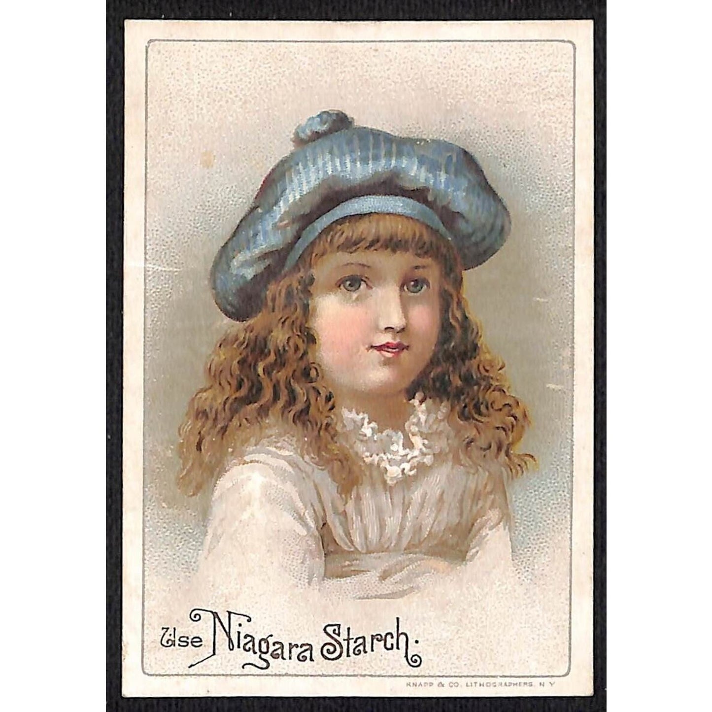 Victorian Trade Card "Use Niagara Starch" Girl w/ Blue Hat / Cap