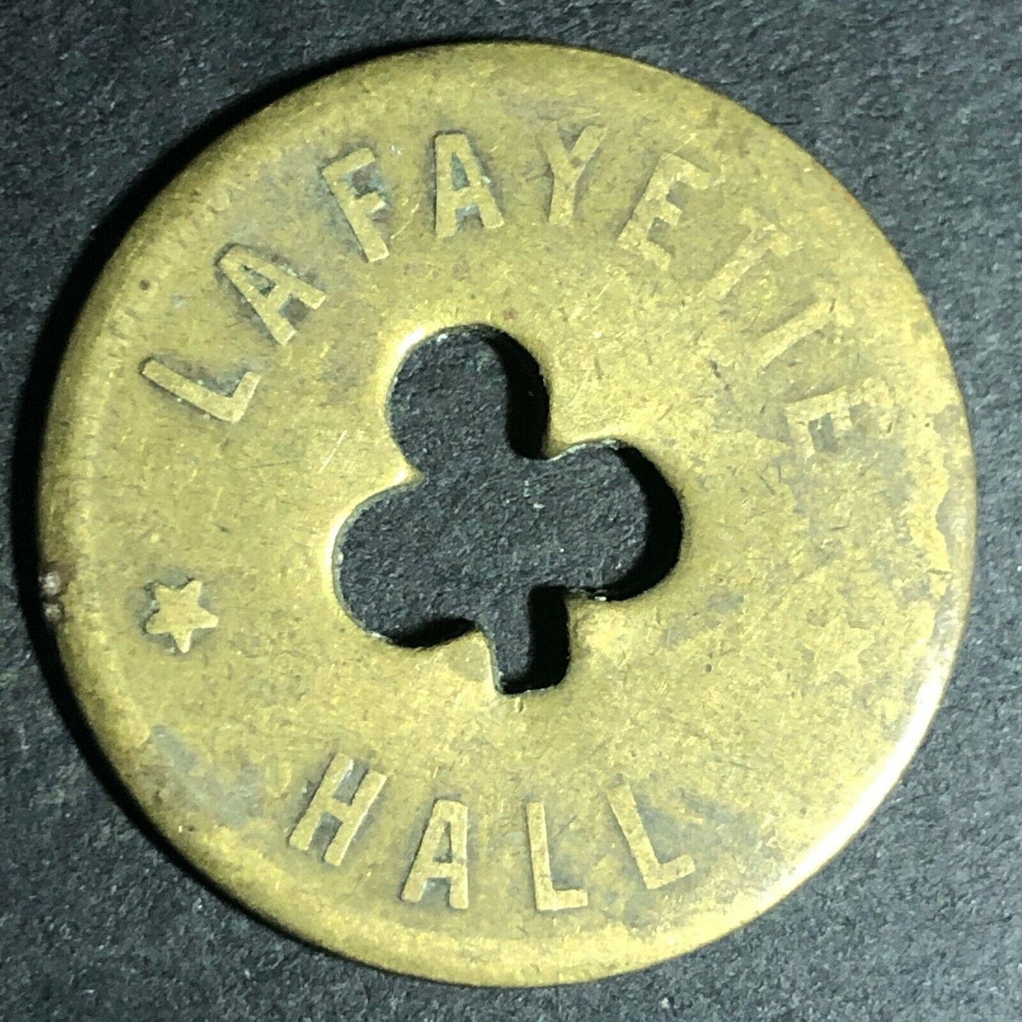 24.5mm Brass Lafayette Hall (Saloon Sacramento, CA) Token Clover Shamrock (#22)