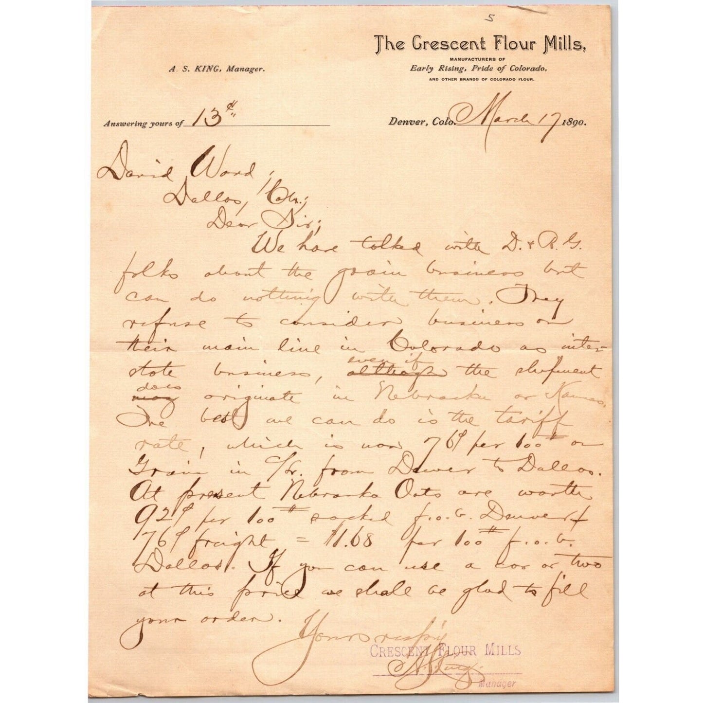 1890 Crescent Flour Mills Denver, CO David Wood Transport Letterhead re" Grain