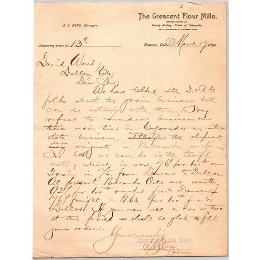 1890 Crescent Flour Mills Denver, CO David Wood Transport Letterhead re" Grain
