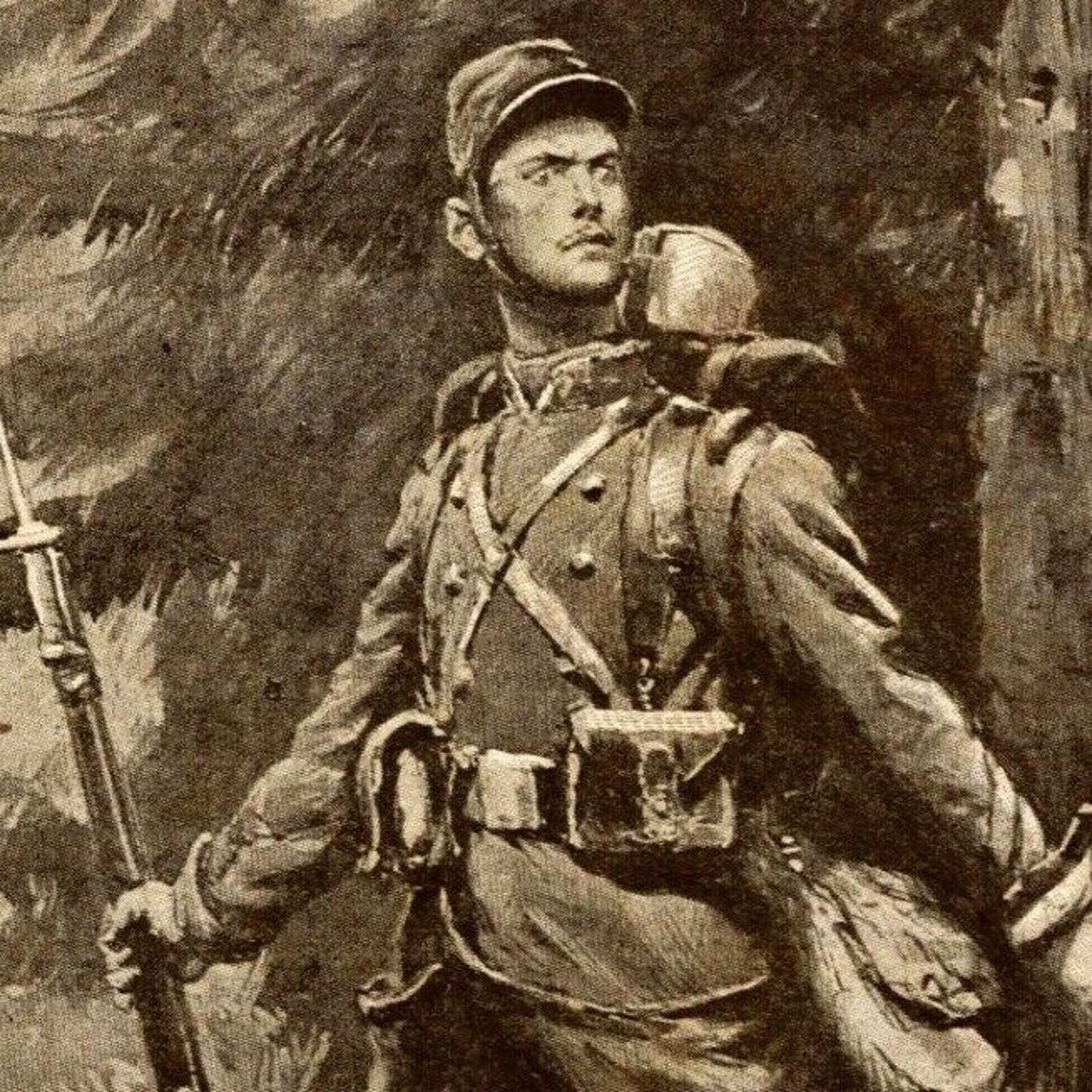 c1914-18 Russian Military Art Postcard - Alert French Soldier Standing Guard
