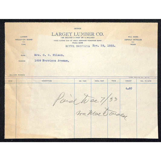 Largey Lumber Co. Coal - Montana Dec 1933 Billhead Letterhead - Wilson Drug