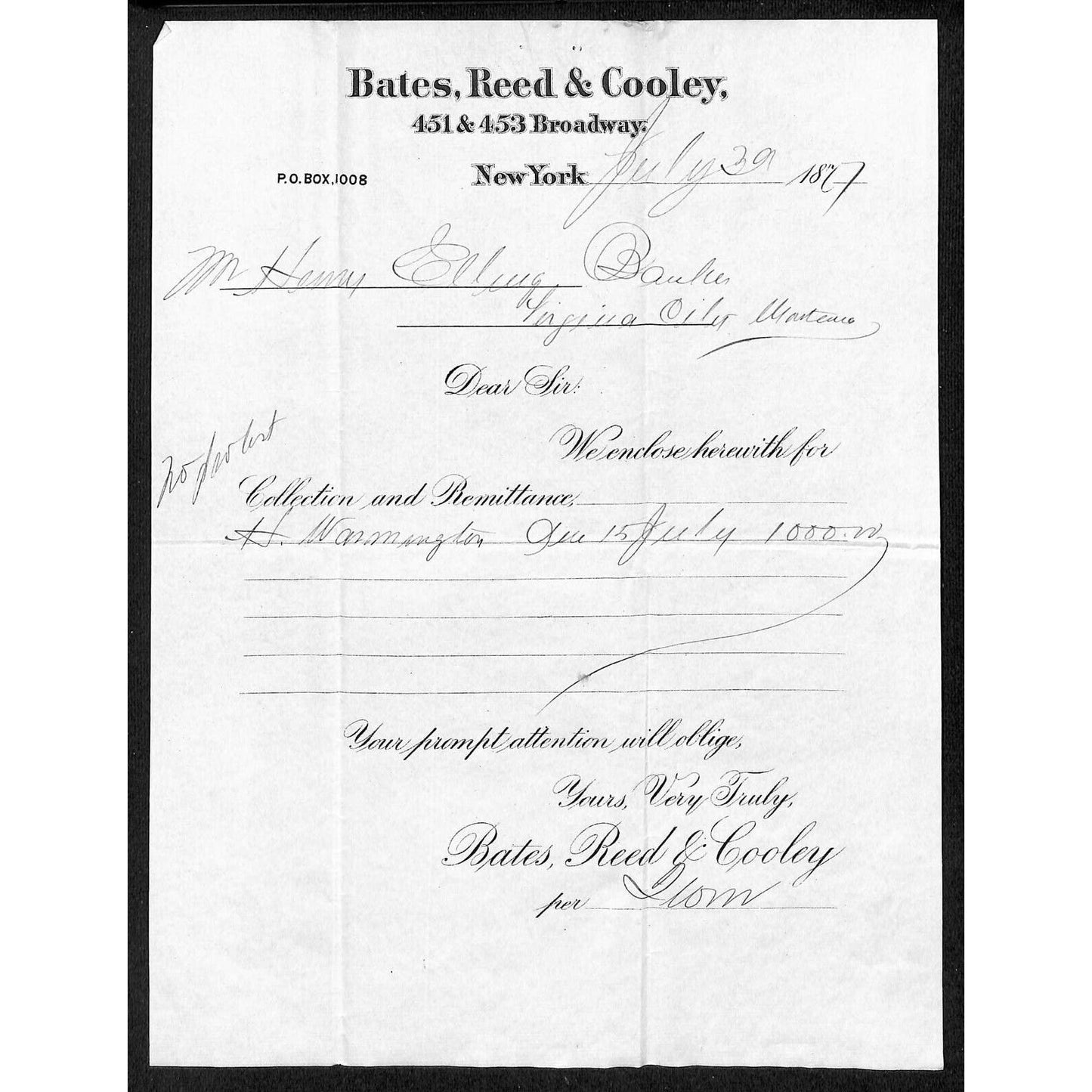 Bates, Reed & Cooley Broadway 1877 Henry Elling* Virginia City MT Check Receipt