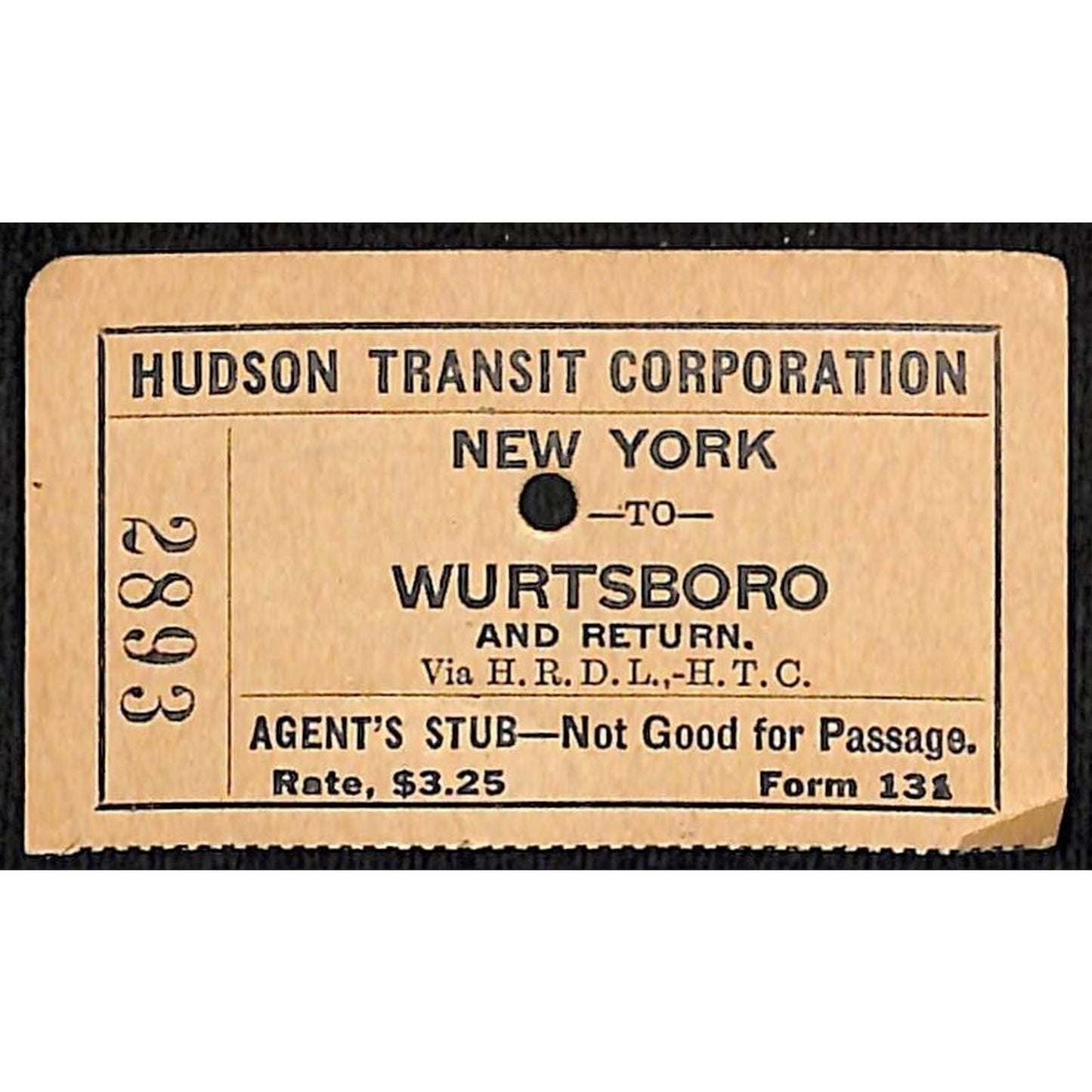 Hudson Transit Corporation Railroad Ticket New York to Wurtsboro #2893