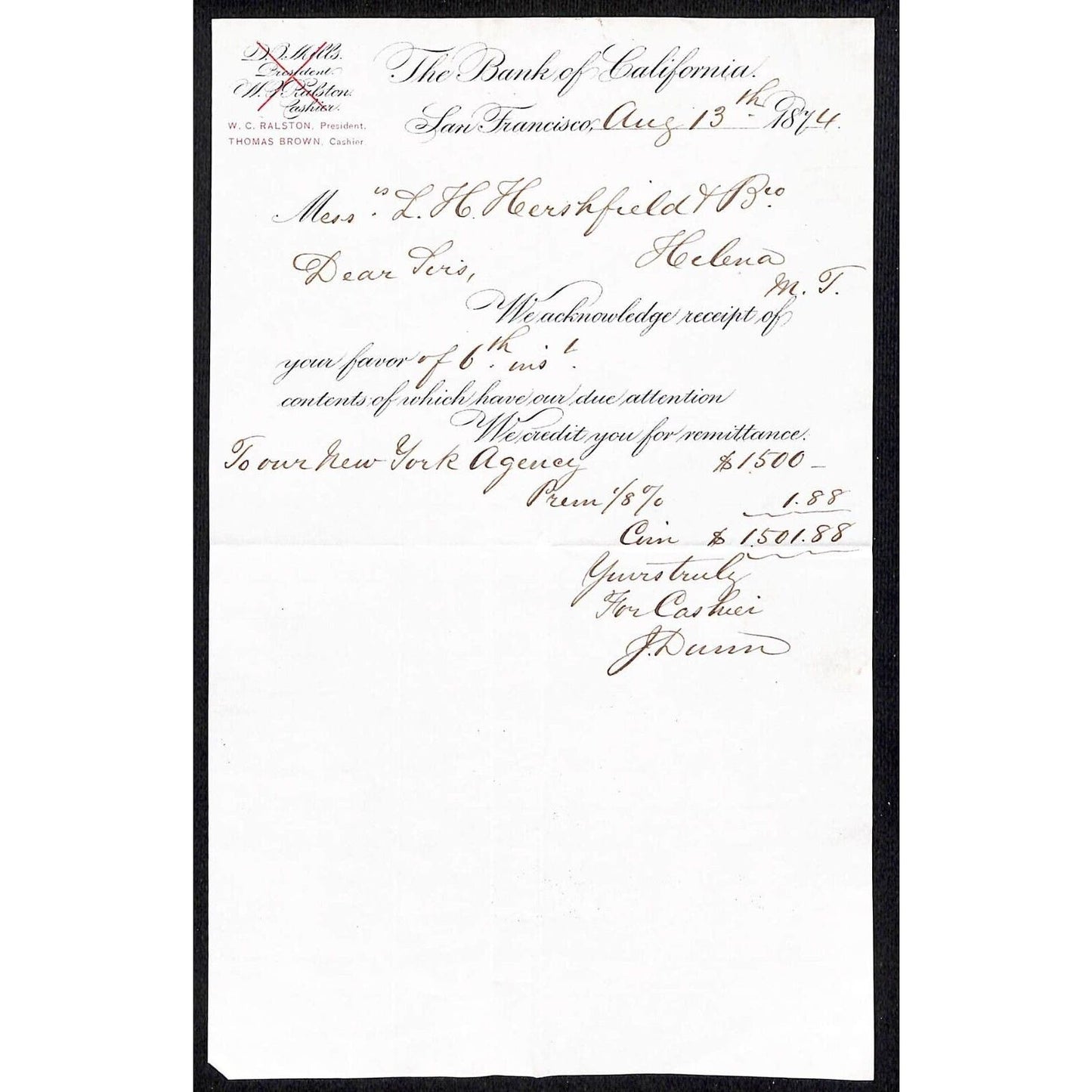 1874 Bank of California San Francisco Letterhead L.H. Hershfield - Helena, MT