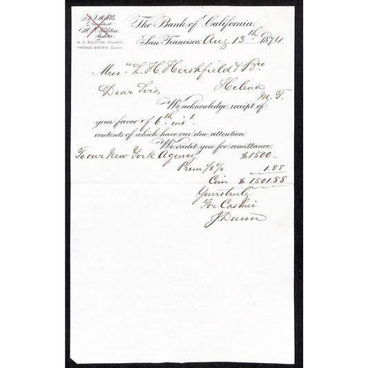 1874 Bank of California San Francisco Letterhead L.H. Hershfield - Helena, MT