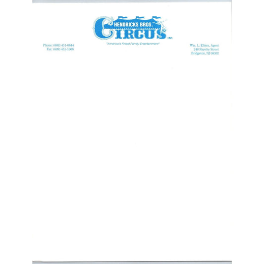 Hendricks Bros. Circus Letterhead c1999 Big Top Bridgeton, NJ