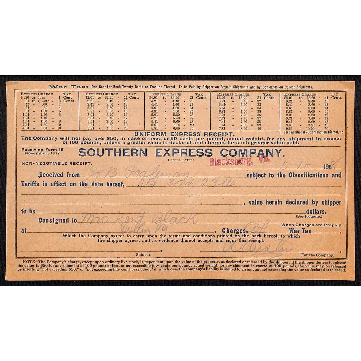 Southern Express Company 1917 Blacksburg, VA Railroad "Uniform Express Receipt"