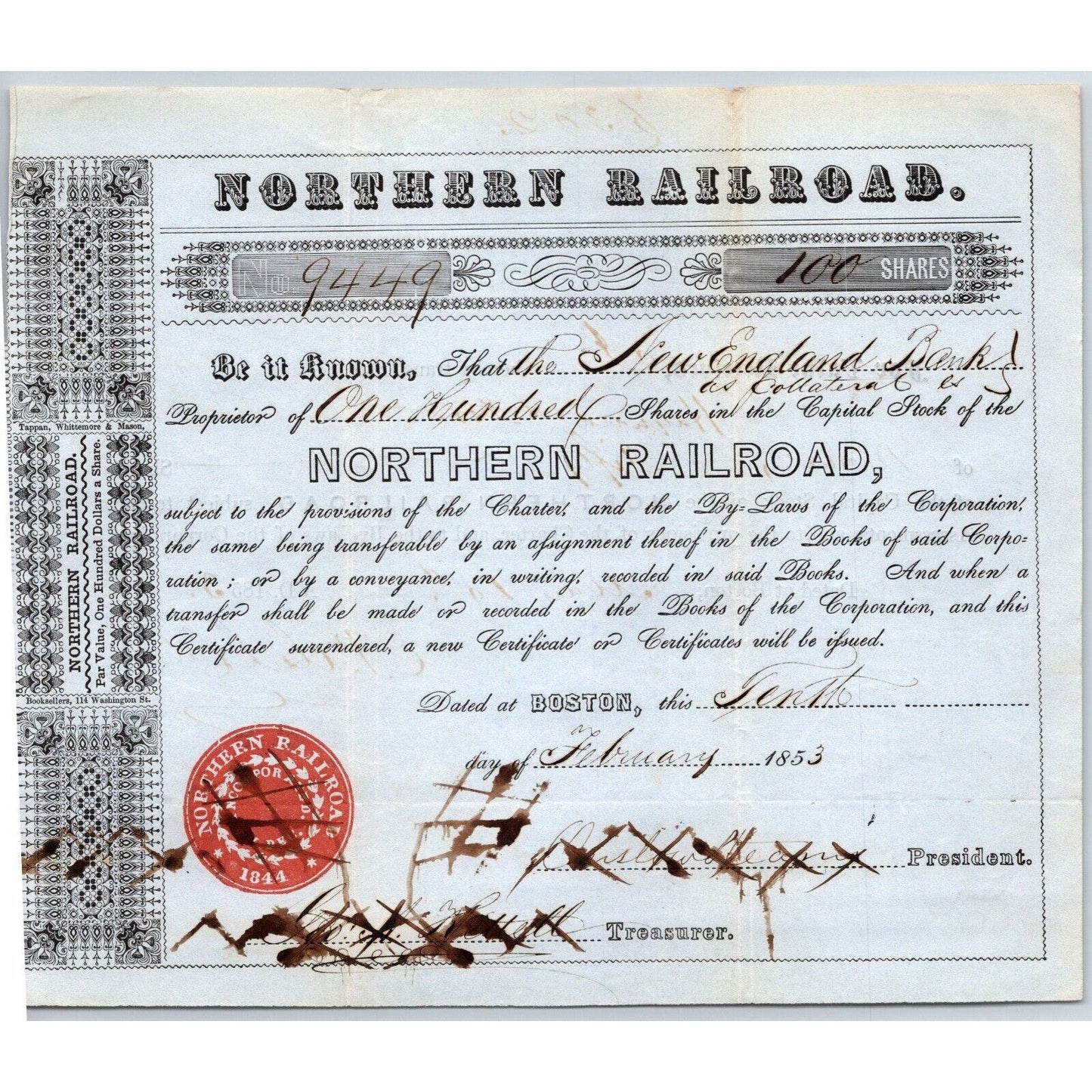 1853 Boston, MA Northern Railroad Stock Certificate No. 9449 for 100 Shares