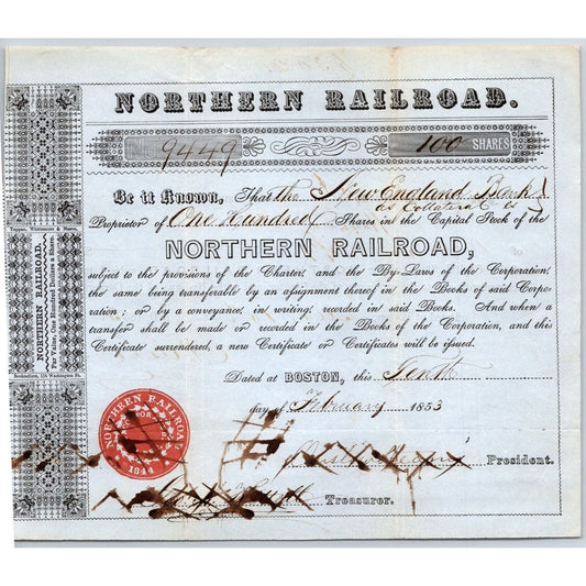1853 Boston, MA Northern Railroad Stock Certificate No. 9449 for 100 Shares