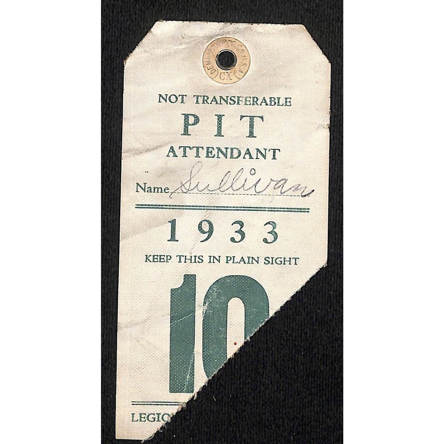 1933 Legion Ascot Speedway Pit Pass / Pit Attendant Event Number 10 VERY Scarce
