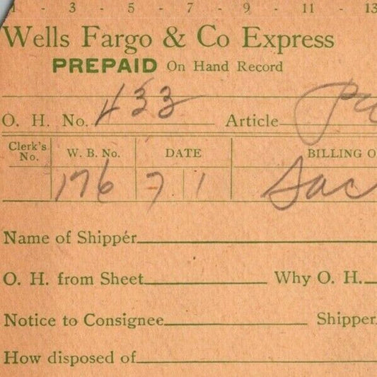 1918 Wells Fargo & Co Express - Manila "Prepaid - On Hand Record" Card