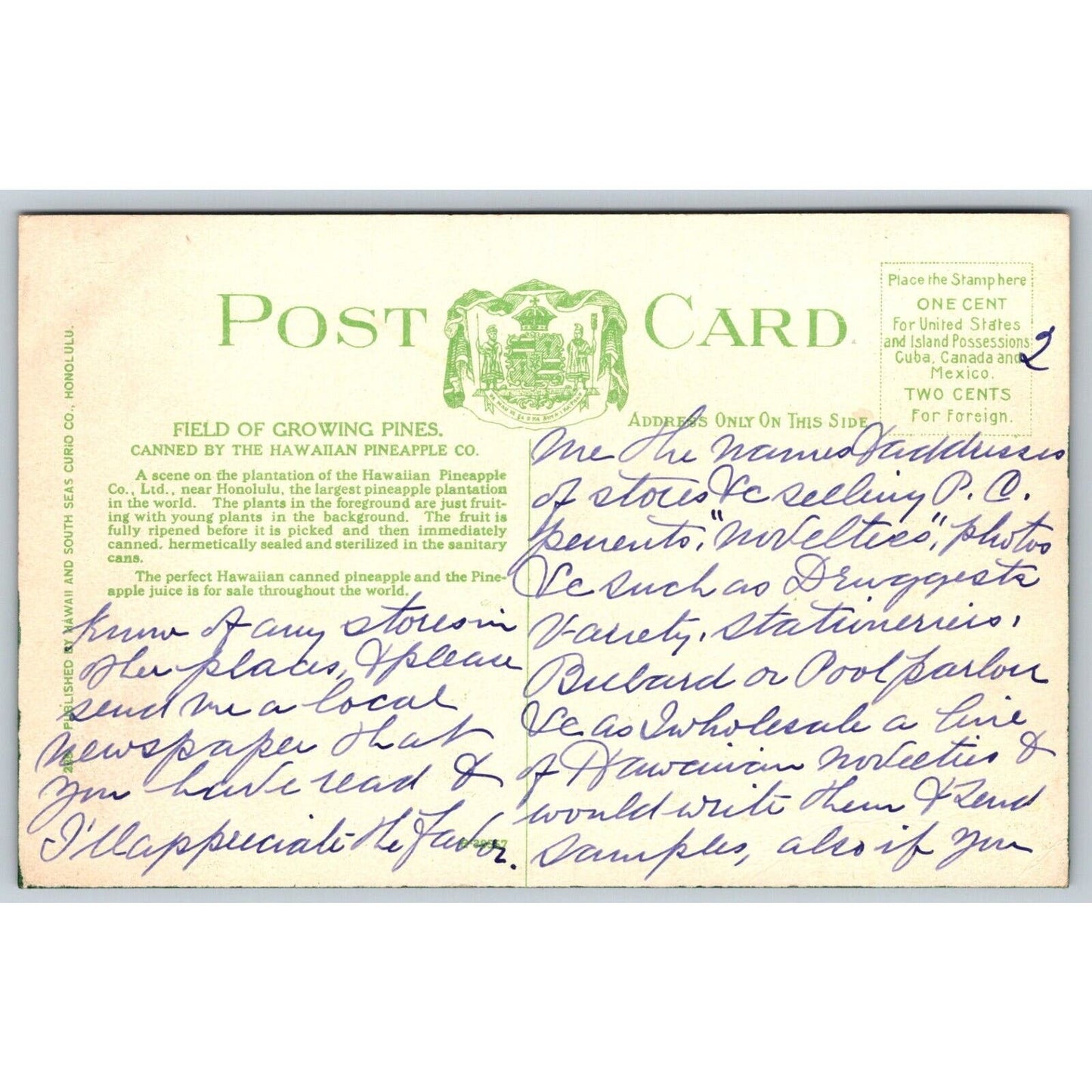 Hawaiian Pineapple Co. "Field of Growing Pines" Advertising Postcard c1910's