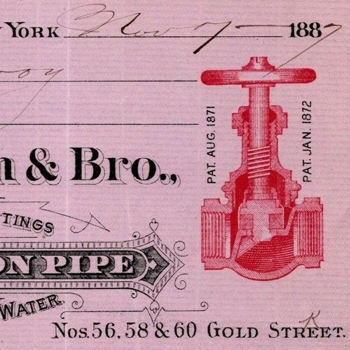 1887 "T. R. Mc Mann & Bros., Wrought Iron Pipe" Billhead Letterhead Gold St, NYC