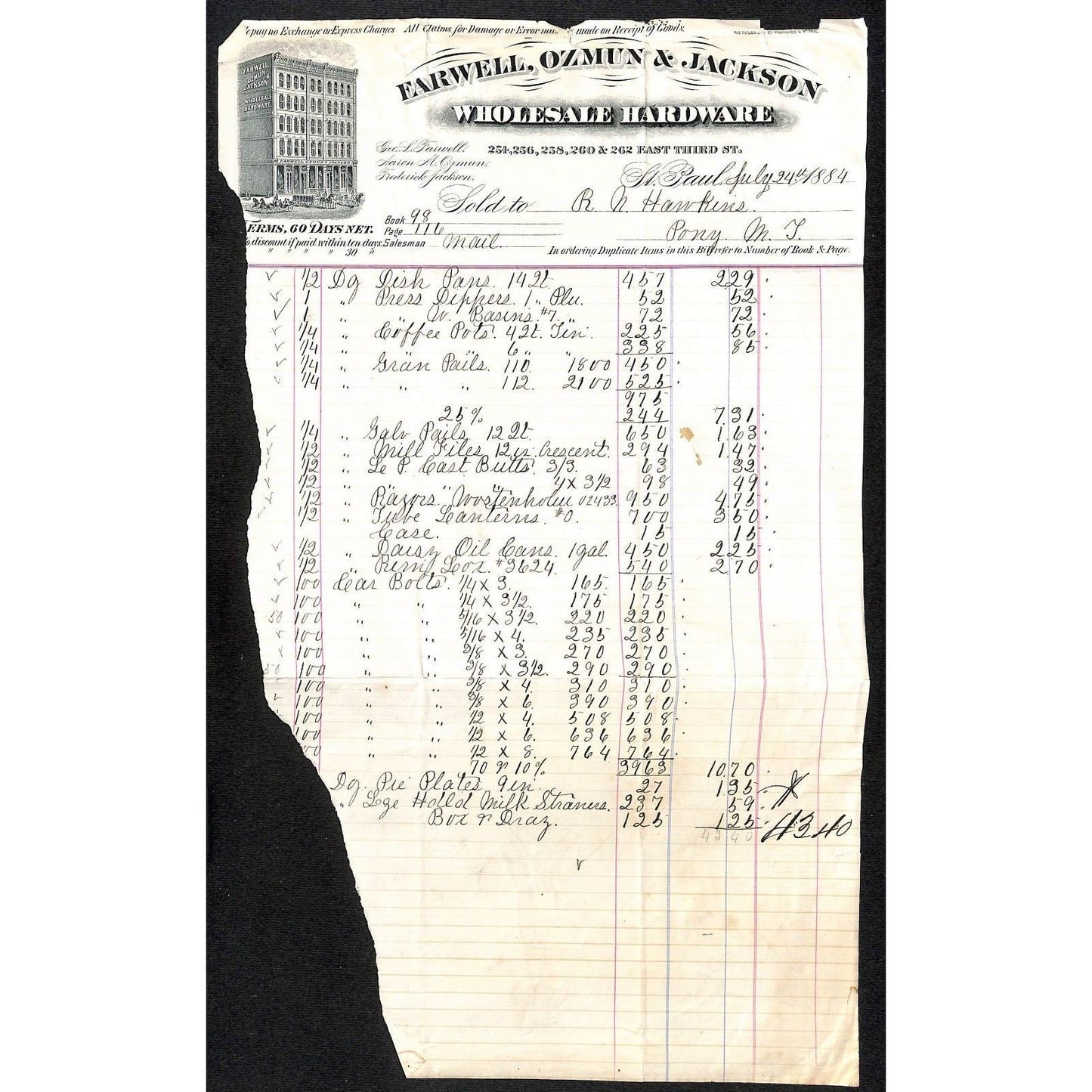 St. Paul, MN Farwell, Ozmun & Jackson Wholesale Hardware 1884 "Hawkins" Billhead